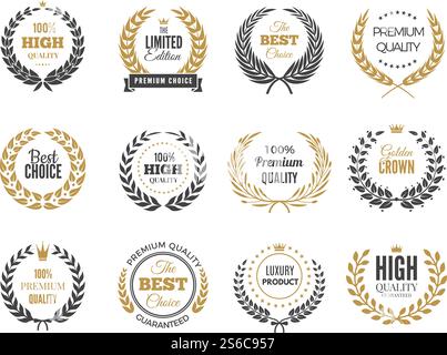 Etichette rotonde premium. Emblema di vendita o vittoria con la collezione di badge vettoriali rotondi dei rami greci. Etichetta o logo di qualità, immagine del logo in edizione limitata del banner. Etichette rotonde premium. Emblema di vendita o vittoria con la collezione di badge vettoriali rotondi dei rami greci Illustrazione Vettoriale