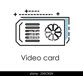Scheda grafica video, apparecchiatura di estrazione di criptovalute, vettore di icone lineari isolato. Fornitura di energia elettrica e blockchain mining, estrazione di criptovalute. Server farm, simbolo del contorno dell'unità di elaborazione dati. Estrazione di criptovalute, icona isolata della scheda grafica video Illustrazione Vettoriale
