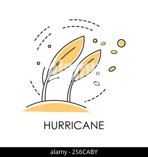 Uragano sulla costa, calamità naturali tropicali, tempesta di vento e alberi piegati, vettore di icone isolato. Allarme catastrofe ecologica, problema ambientale. Tornado devastante in campagna, maltempo. Calamità naturali, uragano sulla costa, tempesta di vento che piega alberi isolati Illustrazione Vettoriale
