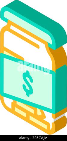 cassetta dei soldi con le monete vettore icona isometrico. cassetta dei soldi con il simbolo delle monete. illustrazione del simbolo isolato. scatola dei soldi con le monete illustrazione vettoriale con icona isometrica Illustrazione Vettoriale