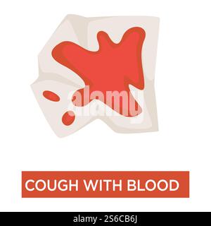 Tosse con sangue e vomito, sintomo tubercolosi isolato vettore di icone. Macchia rossa su kerchief, plasma umano su tovagliolo, medicina e assistenza sanitaria. Segno di malattia polmonare, trattamento e prevenzione. Sintomo di tubercolosi, tosse con sangue, macchia rossa sul tovagliolo Illustrazione Vettoriale