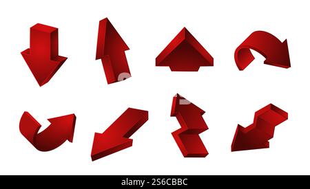 Raccolta frecce rosse 3D. Frecce vettoriali su e giù per il riciclaggio isolate su sfondo bianco. Figura freccia giù e su, simbolo 3d per il riciclaggio del nastro e puntatore. Raccolta frecce rosse 3D. Frecce vettoriali su e giù per il riciclaggio isolate su sfondo bianco Illustrazione Vettoriale