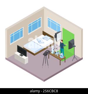 Blogger hi-tech che crea un concetto vettoriale isometrico video. Media blogger Internet, illustrazione della promozione vlog online. Blogger hi-tech che crea un concetto vettoriale isometrico video Illustrazione Vettoriale