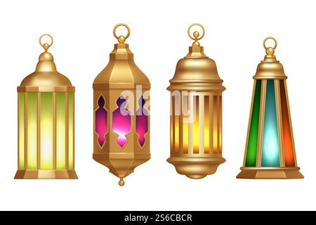 Lanterne del Ramadan. Lampade d'epoca islamiche musulmane illustrazioni vettoriali realistiche in 3d isolate su bianco. Lanterne del Ramadan. Lampade d'epoca islamiche musulmane illustrazioni vettoriali realistiche in 3d. Illustrazione Vettoriale