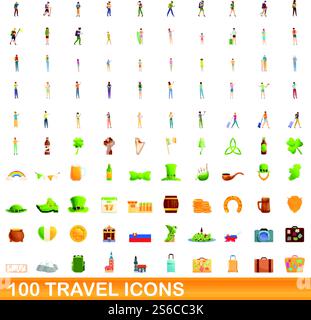 set di 100 icone di viaggio. Illustrazione a cartoni animati di 100 icone di viaggio con set di vettori isolato su sfondo bianco. set di 100 icone di viaggio, stile cartoni animati Illustrazione Vettoriale