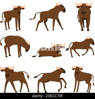 Set di icone GNU. Set di cartoni animati di icone vettoriali GNU per la progettazione Web. Set di icone degli GNU, stile cartoni animati Illustrazione Vettoriale