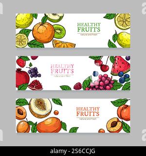 Striscioni di frutti di bosco e frutta. Mango all'arancia cartoni animati, kiwi di melone, orto biologico fresco al limone di banane. Set banner orizzontale vettoriale. Illustrazione di carte dolci a base di frutta e bacche. Striscioni di frutti di bosco e frutta. Mango all'arancia cartoni animati, kiwi di melone, orto biologico fresco al limone di banane. Set banner orizzontale vettoriale Illustrazione Vettoriale