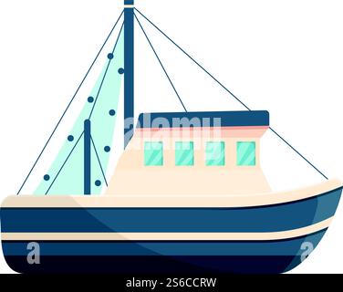Icona barca da pesca a motore. Cartoni animati dell'icona vettoriale di barche da pesca a motore per il web design isolato su sfondo bianco. Icona della barca da pesca a motore, stile cartoni animati Illustrazione Vettoriale