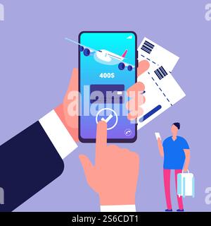 Concetto di ticket online. Acquistare biglietti con lo smartphone. Illustrazione del vettore di pagamento online. Acquisto di un biglietto per il volo per viaggio, viaggio, viaggio in aereo. Concetto di ticket online. Acquistare biglietti con lo smartphone. Illustrazione del vettore di pagamento online Illustrazione Vettoriale