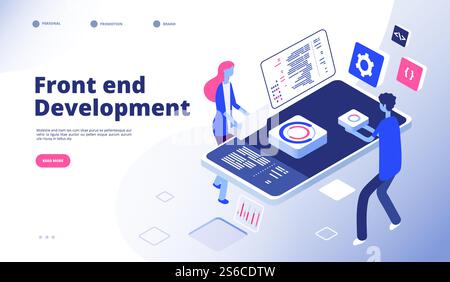 Sviluppo front-end. Il programmatore sviluppa un'interfaccia per siti Web di computer, una pagina di destinazione per la programmazione di ingegneria grafica front-end. Illustrazione del programmatore isometrico di sviluppo front-end. Sviluppo front-end. Il programmatore sviluppa un'interfaccia per siti Web di computer, una pagina di destinazione per la programmazione di ingegneria grafica front-end Illustrazione Vettoriale