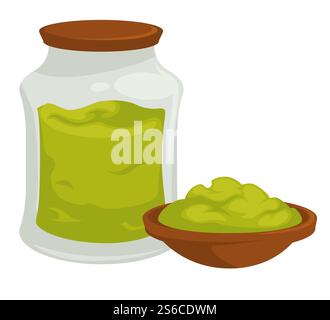 Wasabi in pentola con tappo speziato prodotto asiatico vettore contenitore isolato in vetro con rafano di ingrediente di colore verde, per piatti condimenti naturali biologici nella cultura orientale della cucina culinaria. Wasabi in pentola con tappo speziato vettore di prodotto asiatico Illustrazione Vettoriale
