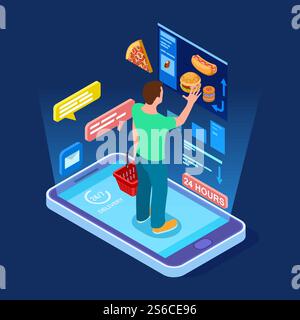 Negozio di alimentari online, l'uomo acquista cibo online concetto di vettore isometrico. Illustrazione di un negozio di generi alimentari online, acquista in un negozio mobile. Negozio di alimentari online, l'uomo acquista cibo online concetto di vettore isometrico Illustrazione Vettoriale