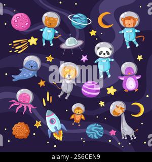 Animali spaziali. Carino cucciolo di panda gatto leone giraffa scimmia polpo pinguino astronauti bambini volanti animali cartoni animati vettore scientifico. Illustrazione di gatto e leone cosmonauta, animale astronauta e astronave. Animali spaziali. Carino cucciolo di panda gatto leone giraffa scimmia polpo pinguino astronauti bambini volanti animali cartoni animati vettoriali scientifici Illustrazione Vettoriale