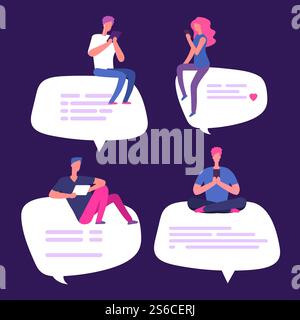 Le persone si siedono sulle bolle di voce con l'illustrazione vettoriale dello smartphone. Persone che chattano online, dialoghi di messaggi e discussioni. Le persone si siedono sulle bolle di voce con l'illustrazione vettoriale dello smartphone Illustrazione Vettoriale
