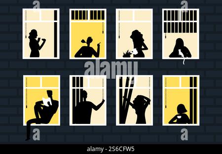 Casa in mattoni con finestre notturne con sagome delle persone illustrazioni vettoriali. Finestra dell'edificio, vista della città serale, azione diversa. Casa in mattoni con finestre notturne con sagome delle persone illustrazioni vettoriali Illustrazione Vettoriale