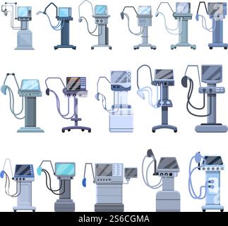 Set icone ventilatore Medical Machine. Set di cartoni animati di icone vettoriali per macchine medicali di ventilazione per la progettazione Web. Set icone ventilatore Medical Machine, stile cartone animato Illustrazione Vettoriale