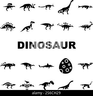 Le icone della collezione di animali selvatici di dinosauro Set Vector. Spinosaurus e Arrhinoceratops, Ankylosaurus e Mosasaurus Prehistoric Dinosaur Glyph pittogrammi illustrazioni nere. Le icone della collezione di animali selvatici di dinosauro Set Vector Illustrazione Vettoriale