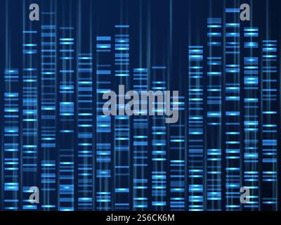 Visualizzazione dei dati genomici. Sequenza del genoma del DNA, mappa genetica medica. Sfondo vettore codice a barre genealogia. Illustrazione del dna di visualizzazione, della struttura genetica e genealogica. Visualizzazione dei dati genomici. Sequenza del genoma del DNA, mappa genetica medica. Sfondo vettore codice a barre genealogia Illustrazione Vettoriale
