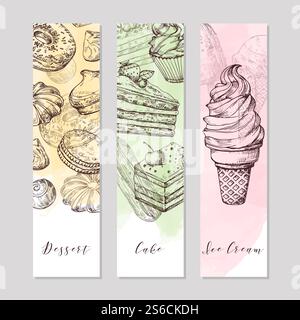 Striscioni artistici da dessert con cibo disegnato a mano, gelato, torte e elementi acquerelli. Torta vettoriale gustosa, illustrazione del dessert con cibo al cioccolato. Striscioni artistici da dessert con cibo disegnato a mano, gelato, torte e elementi acquerelli Illustrazione Vettoriale