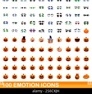 set di 100 icone emotive. Illustrazione a cartoni animati di 100 icone di emozione insieme di vettori isolati su sfondo bianco. set di 100 icone emotive, stile cartone animato Illustrazione Vettoriale