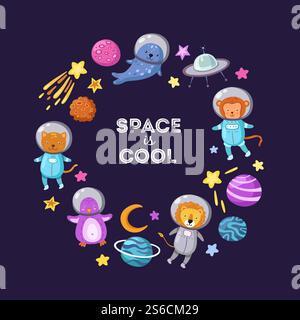 Sfondo degli animali spaziali. Simpatici piccoli astronauti animali volanti bambini animali cosmonauti cartoni animati simpatico astronauta astronauta fantascienza. Astronauta e astronave, pinguino e scimmia, illustrazione di leoni e foche. Sfondo degli animali spaziali. Simpatici piccoli astronauti animali volanti bambini animali cosmonauti cartoni animati simpatico astronauta astronauta fantascienza Illustrazione Vettoriale