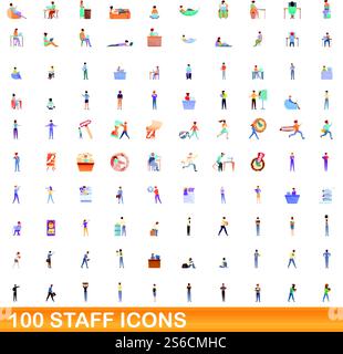 set di 100 icone del personale. Illustrazione cartografica di 100 icone del personale insieme vettoriale isolato su sfondo bianco. set di 100 icone del personale, stile cartoni animati Illustrazione Vettoriale