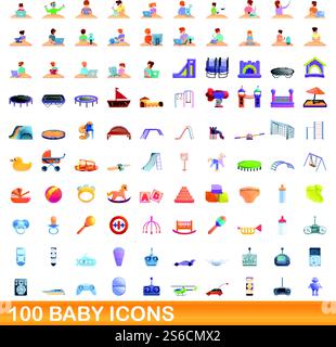 set di 100 icone per bambini. Illustrazione a cartoni animati di 100 icone per bambini, con set vettoriale isolato su sfondo bianco. set di 100 icone per bambini, stile cartone animato Illustrazione Vettoriale