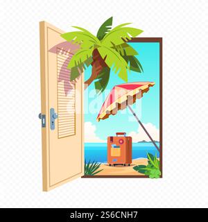 Sportello a molla aperto isolato su sfondo trasparente. Ingresso aperto con paesaggio estivo all'aperto. Porta di accesso alla spiaggia di mare, al paradiso e all'illustrazione di viaggio. Sportello a molla aperto isolato su sfondo trasparente. Ingresso aperto con paesaggio estivo all'aperto. Illustrazione Vettoriale