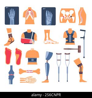 Frattura o lesioni ossee, stampelle e raggi X, strumenti di riabilitazione dopo trauma, vettori di icone isolate. Ortopedia e medicina, corsetto e protesi. Fissatore per gesso e piede, recupero dello scheletro. Recupero delle lesioni, frattura ossea e stampelle, radiografia e strumenti ortopedici Illustrazione Vettoriale