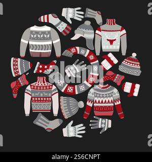 Abiti invernali, motivi natalizi, maglioni e calze, cappelli e guanti, foulard vettoriale. Abiti caldi con ornamenti norvegesi, maglieria o abbigliamento a maglia. Capi e accessori fatti a mano, per le vacanze. Abiti in maglia natalizia, maglieria con ornamenti, inverno Illustrazione Vettoriale