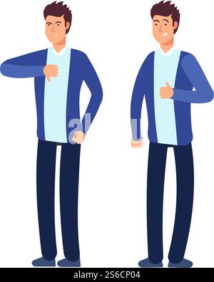 Come un uomo antipatico. Uomo d'affari felice e arrabbiato con buone approvazioni azioni cattive social media e concetto di vettore di scelta delle decisioni aziendali. Immagine del gesto positivo e del simbolo di antipatia negativo. Come un uomo antipatico. Uomo d'affari felice e arrabbiato con buone approvazioni azioni cattive social media e concetto di vettore di scelta delle decisioni aziendali Illustrazione Vettoriale
