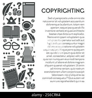 Protezione dei diritti di proprietà intellettuale, copyright e vettore di guadagno. Libri e articoli, pile di monete e caffè, macchina per scrivere e bicchieri, penna e blocco note. Scrivere testi, creare l'autore. Poster dell'accordo di copyright, protezione dei diritti di proprietà intellettuale Illustrazione Vettoriale