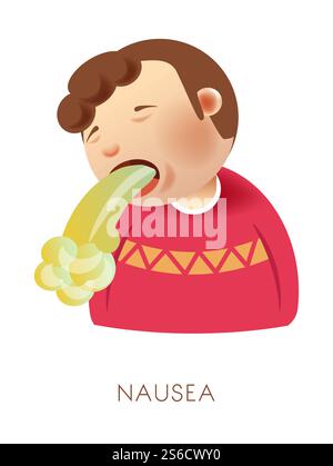Nausea o vomito, disturbo della funzionalità dello stomaco, vettore isolato del bambino. Puking ragazzo, medicina e assistenza sanitaria, bambino vomitare, malattia e disfunzione metabolica. Retching di carattere, infezione da rotavirus. Disturbo dello stomaco, nausea o vomito, bambino isolato con malattia Illustrazione Vettoriale