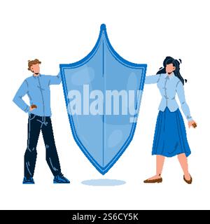 Creazione del marchio, marchio o vettore del nome del prodotto. Designer di uomini e donne con scudo protettivo per Creative Brand Build. Illustrazione di fumetti Flat Cartoon, uomo d'affari e donna d'affari. Creazione del marchio, marchio o vettore del nome del prodotto Illustrazione Vettoriale