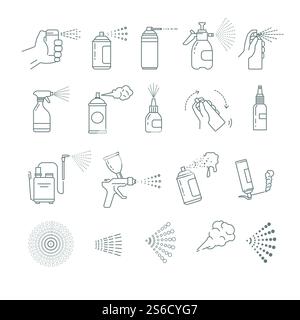 Bombolette spray isolate icone a linea piatta vettoriale. Mano con aerosol, aerografo e graffiti art, automizzatore e schiuma da costruzione, mezzi medici contenitore. Disinfezione e pulizia, costruzione e lavaggio. Spruzza icone isolate, aerosol e aerografo, graffiti e automizzatore Illustrazione Vettoriale