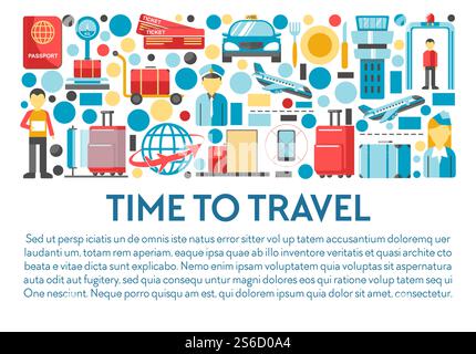 Vettori di banner con icone di viaggi e voli, personale aeroportuale e attrezzature. Struttura metallica e bagagli o bagagli, aereo e taxi, pass per imbarco e aeroporto. Passaporto e passeggero, pilota e hostess. Tempo per il banner di viaggio, personale e attrezzature aeroportuali, volo aereo Illustrazione Vettoriale