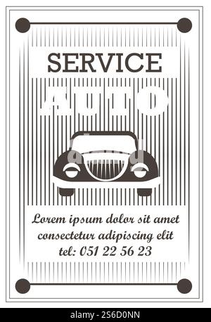 Servizio di riparazione auto, sostituzione ricambi auto, sintonizzazione e vettore di diagnostica. Restauro di automobili retrò, riparazione di motori e pneumatici pompaggio, riparazione di veicoli. Garage station, trasporto vintage. Servizio auto, riparazione auto, messa a punto e diagnostica, veicolo retrò Illustrazione Vettoriale