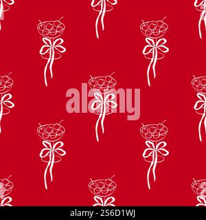 Motivo vettoriale senza cuciture con vetro rosso, fiocco eccentrico rosso e ciliegia. Illustrazione Vettoriale