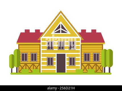 Casa o villa privata, immobili, edifici residenziali, Icon Vector isolato. Cottage o costruzione suburbana, casa di campagna con recinzione. L'esterno dell'hotel è circondato da prati e alberi e da un grande ingresso. Residenza suburbana o casa privata di campagna icona isolata Illustrazione Vettoriale