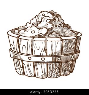 Vinificazione, vendemmia in cesto o in bacino di legno, vettore di schizzo isolato. Agricoltura agricola, coltivazione di bacche mature, ingrediente per la produzione di vino. Agricoltura e viticoltura, bevande alcoliche fatte in casa. Uva in bacinelle o cesti di legno, vinificazione Illustrazione Vettoriale