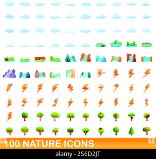 set di 100 icone della natura. Illustrazione a cartoni animati di 100 icone della natura insieme di vettori isolati su sfondo bianco. set di 100 icone della natura, stile cartone animato Illustrazione Vettoriale