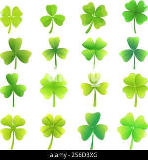 Set icone Clover. Set di cartoni animati con icone vettoriali trifoglio per la progettazione Web. Set di icone Clover, stile cartoni animati Illustrazione Vettoriale