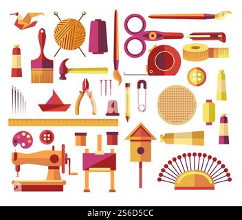 Collezione di icone dei progetti fai da te creativi realizzati a mano. Kit per arti e artigianato, macchina da cucire, ago, spille, fili, set di utensili per verniciatura e attrezzature per falegnameria per lavori in legno. Vettore su sfondo bianco. Icone creative fatte a mano per progetti fai da te per cucito e cartaceo Illustrazione Vettoriale