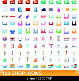 set di 100 icone del negozio. Illustrazione a cartoni animati di 100 icone del negozio con set vettoriale isolato su sfondo bianco. set di 100 icone dello shopping, stile cartoni animati Illustrazione Vettoriale