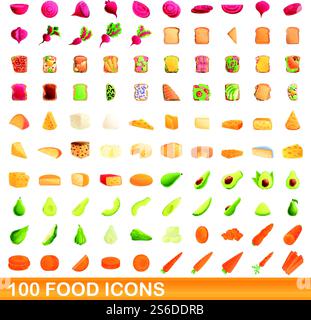 set di 100 icone del cibo. Illustrazione a cartoni animati di 100 icone di cibo insieme di vettori isolati su sfondo bianco. set di 100 icone del cibo, stile cartone animato Illustrazione Vettoriale