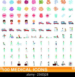 set di 100 icone mediche. Illustrazione a cartoni animati di 100 icone mediche insieme di vettori isolato su sfondo bianco. set di 100 icone mediche, stile cartoni animati Illustrazione Vettoriale