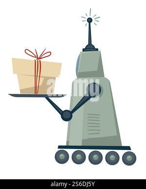 Apparecchiatura robotica che fornisce un pacchetto, robot umanoide isolato con scatola di cartone. Presentare la consegna in omaggio. Dispositivo autonomo per il trasporto di pacchi ai clienti, vettoriale degli ordini ai clienti in piano. Robot che consegna pacchi o presente, icona di servizio automatizzato Illustrazione Vettoriale