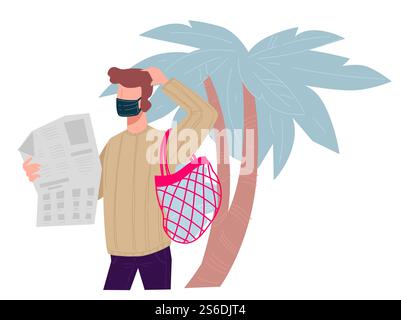 Giornale di lettura di personaggi maschili. Notizie sul covid 19, uomo che indossa una maschera facciale in piedi accanto alla palma. Panico e stress dei cittadini, titolo sconvolgente e aggiornamenti o statistiche. Vettore in stile piatto. Uomo che legge un giornale, spaventato o preoccupato per le notizie Illustrazione Vettoriale