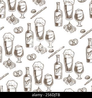 Bevande alcoliche e spuntini senza cuciture. Bottiglia di birra e bicchiere, pretzel e bastoncini salati. Bevanda alcolica con schiuma e bolle. Birreria o pub. Contorno di schizzo monocromatico, vettoriale in stile piatto. Birra versata in vetro, bevande alcoliche e pretzel Illustrazione Vettoriale