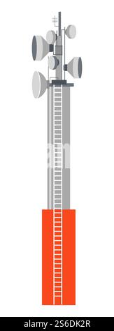 Trasmettitore di segnale stazione torre o radar con fili e piastre. Infrastrutture cittadine, satellite per le telecomunicazioni. Telefono o connessione Internet, vettore antenna di trasmissione in stile piatto. Ricevitore del segnale della stazione torre e radar di telecomunicazione del trasmettitore Illustrazione Vettoriale